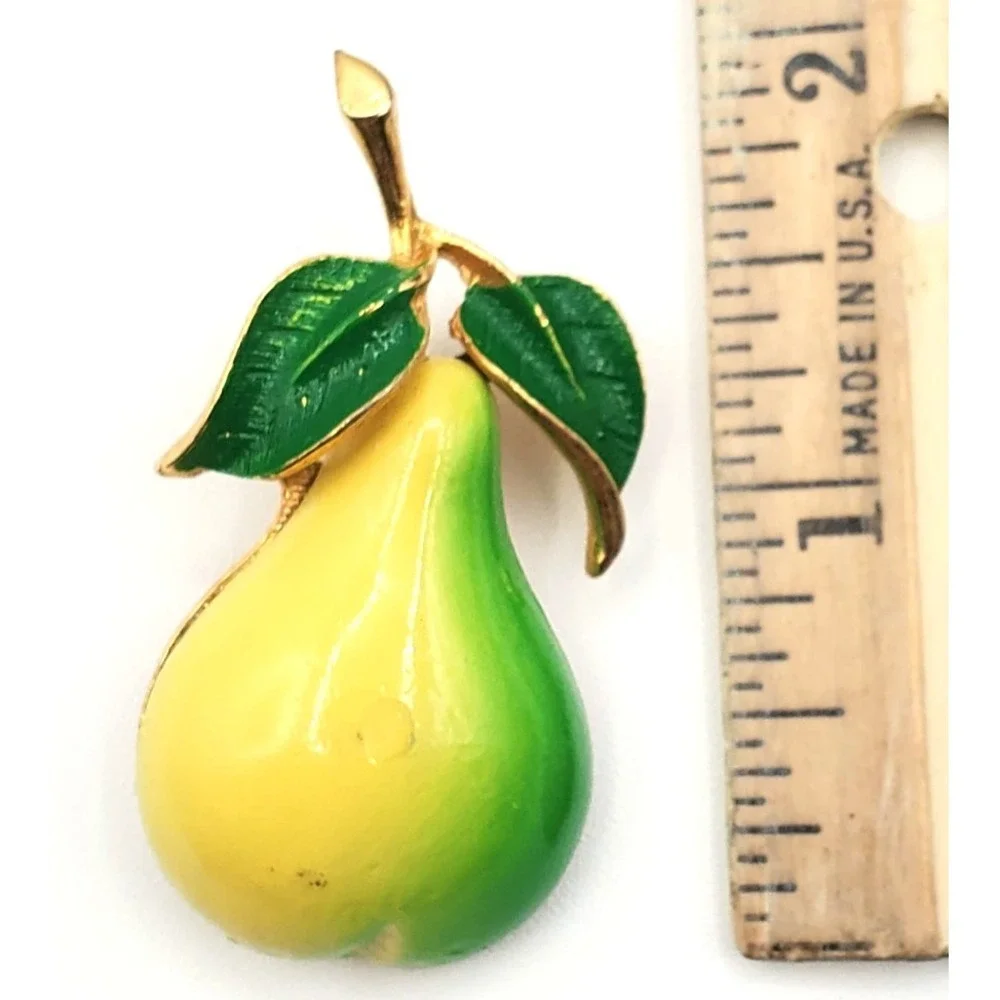 Vintage Gold Tone Enameled Pear Fruit Brooch Pin